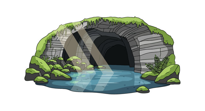 Serene stone cave entrance with tranquil pool and sunbeams