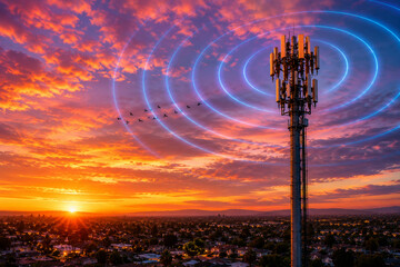 Fototapeta premium 5G Cellular Communication Tower at Sunset with Wireless Signal Waves