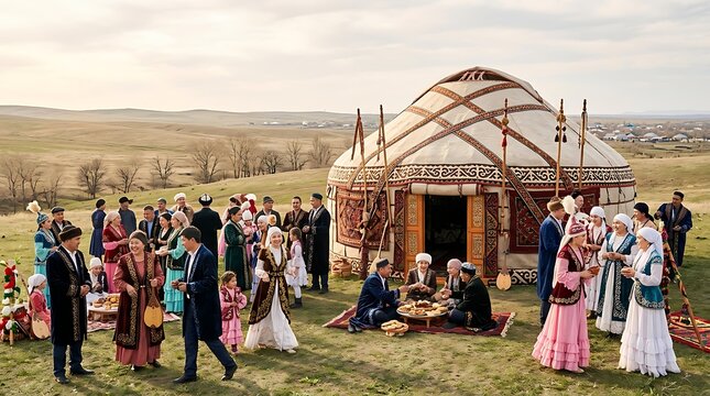 Central asian people in traditional costumes gathering outside a yurt