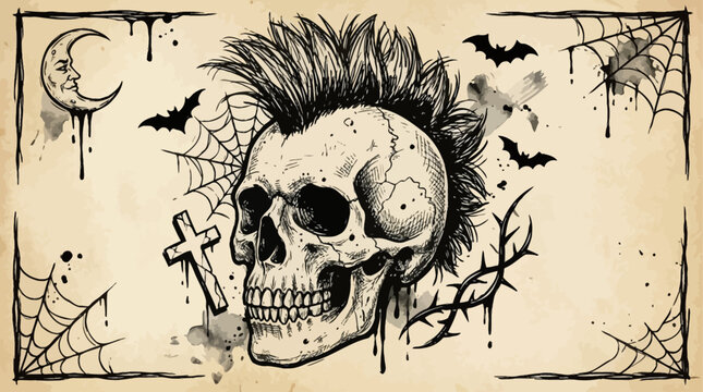 Artistic handdrawn sketch of a human skull featuring a punk rock mohawk hairstyle in a vintage grunge style with distressed textures and dark anatomical aesthetic for subculture design.