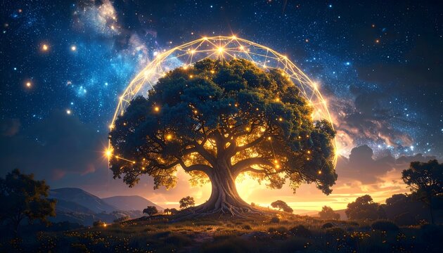 Large Glowing Cosmic Tree of Life Surrounded by Golden Light Dome under a Starry Milky Way Night Sky Background with Vibrant Sunset Horizon