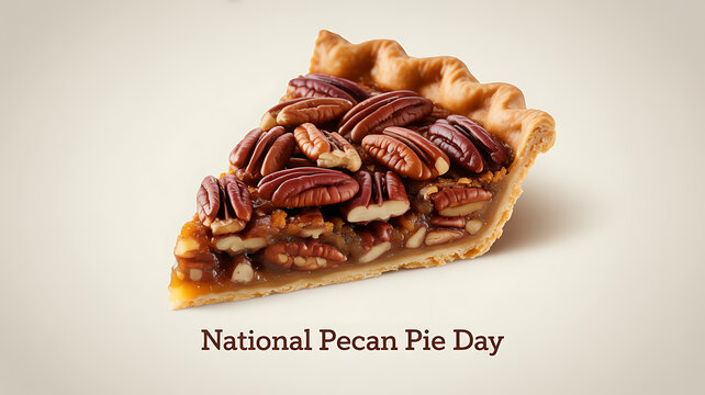 A slice of pecan pie with a flaky crust and whole pecans on top, celebrating National Pecan Pie Day