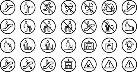 Set of escalator and elevator icons, including signs for directions, safety warnings, and luggage handling © MDMAHABUR