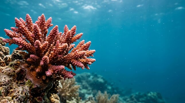 Vibrant pink branching coral in clear blue ocean water