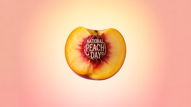A halved peach with 'National Peach Day' text on the pit against a soft pink gradient background