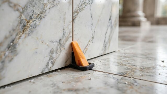 A small tool used to align tiles on a marble floor near wall corners in a building renovation project