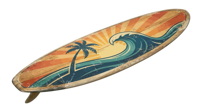 Vintage retro surfboard design featuring a tropical palm tree silhouette and ocean wave graphic, coastal summer vacation icon isolated on a clean white background for surfing lifestyle decor.