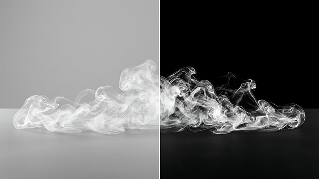 Split screen visual of white smoke plumes against neutral gray and black backgrounds with contrast swirling background abstract atmosphere particles movement ethereal backdrop creative