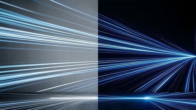 Split screen comparison of digital blue light speed motion lines over gray and dark backgrounds with technology abstract background movement streaming connection innovation communication