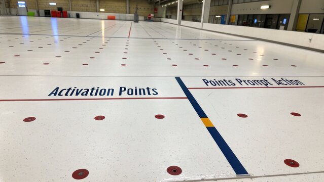 Empty indoor sports facility with marked activation points indicating areas for action and engagement on the ice surface