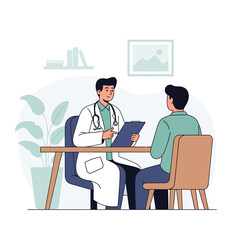Fototapeta premium Doctor Consults Patient Sitting At Desk Medical Office Consultation Professional Healthcare Dialogue