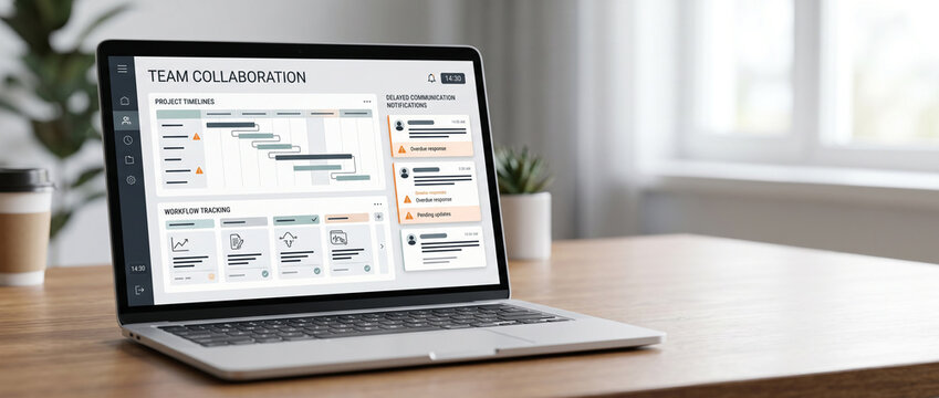 Laptop displays remote collaboration dashboard with workflow tracking, project timelines, delayed communication updates and team productivity insights for modern digital workplace with copy space.