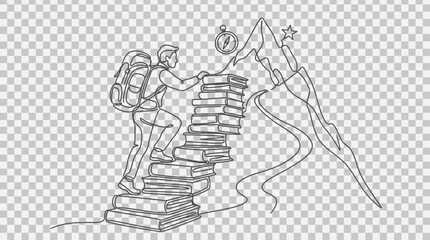 Obraz premium Continuous line drawing of a determined male traveler with a backpack climbing a high stack of books, symbolizing the journey of education, academic growth, and lifelong learning process.