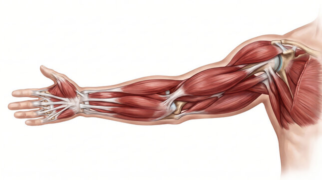 Detailed Anatomical Illustration of the Human Arm Muscular System Showing Tendons for Medical and Educational Study