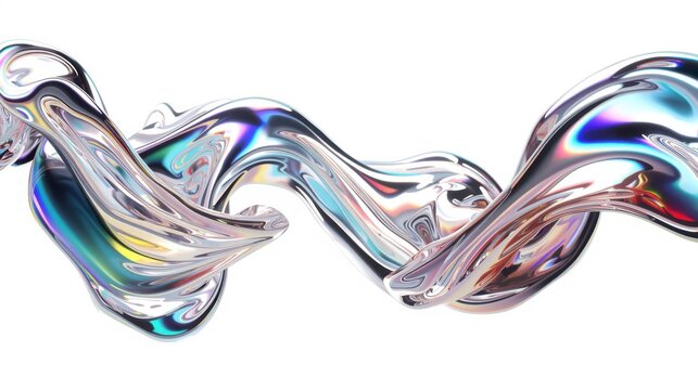 Iridescent metallic liquid forming elegant twisting fluid shapes with shiny reflective liquid