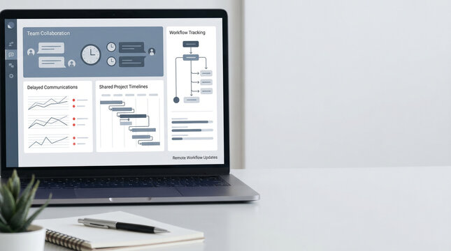 Laptop displays remote collaboration dashboard with workflow tracking, project timelines, delayed communication updates and team productivity insights for modern digital workplace with copy space.