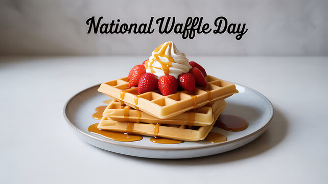 Stack of golden waffles topped with strawberries, whipped cream, and syrup on a white plate for National Waffle Day