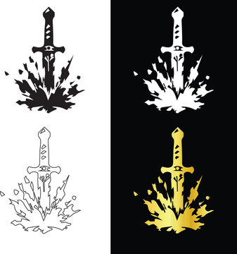 Fantasy Sword Dagger Ground Impact Vector Silhouette Set for Gaming Logos and Graphic Design Elements