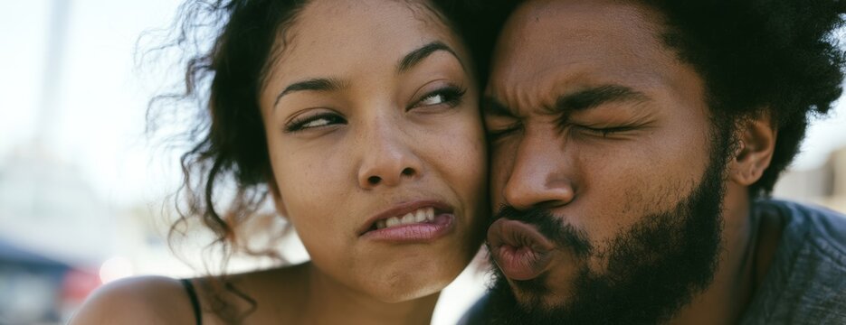 Young black couple kissing while playfully arguing outdoors  