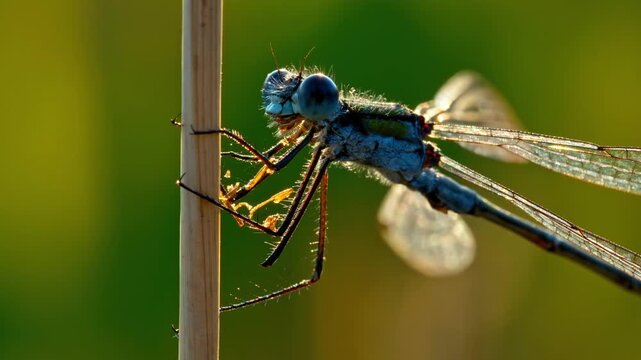 Colorful damselfly perched on a blade of grass