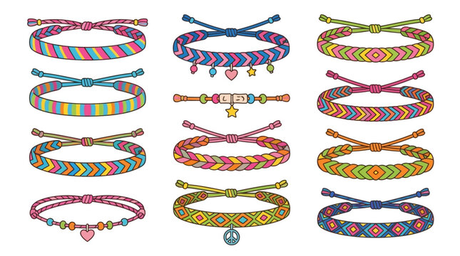 Vibrant handmade cotton friendship bracelet set featuring diverse geometric pattern and color, creative bohemian textile accessory collection isolated on white background vector illustration.