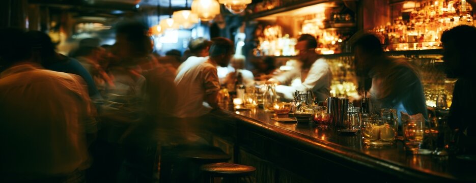 Blurred bar counter with people socializing in dimly lit atmosphere  