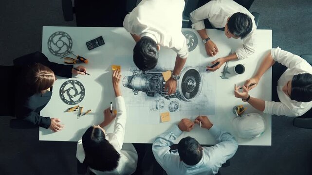 Top view of engineer team writing idea on sticky notes at meeting while discussing about turbine engine or electric generator at meeting table with metal gear, calculator and equipment. Alimentation.