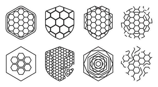 Abstract geometric hexagonal patterns and textures in shield shapes science background.