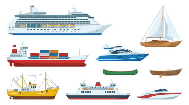 Vector illustration set featuring maritime vessel collection with sailboat yacht speedboat cargo ship and nautical boat types isolated on white background for marine design projects.