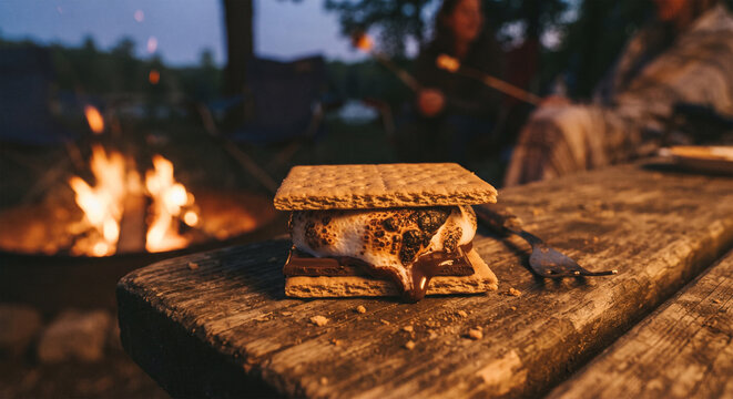 A lifestyle food photograph of a s'more set on a rustic wooden table by a campfire at dusk. The low firelight catches the "specular highlights" on the glossy chocolate 