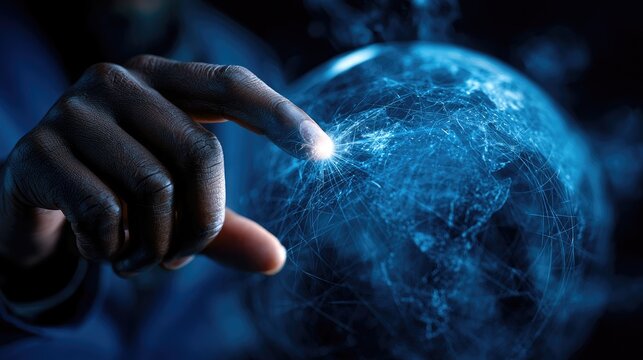 A dark hand delicately touches a glowing blue digital sphere, evoking innovation