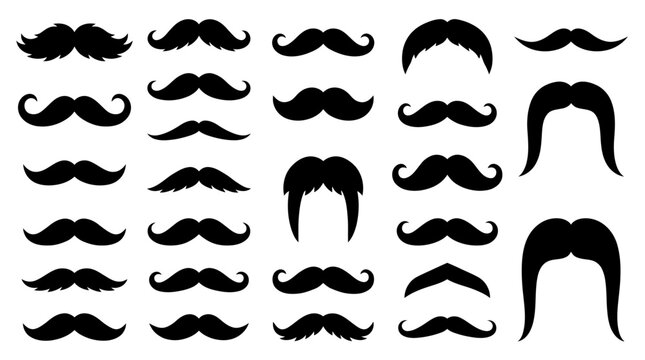 Collection of diverse black mustache silhouettes featuring various styles like handlebar, walrus, and pencil, isolated on a clean white background for graphic design and vintage barber themes.