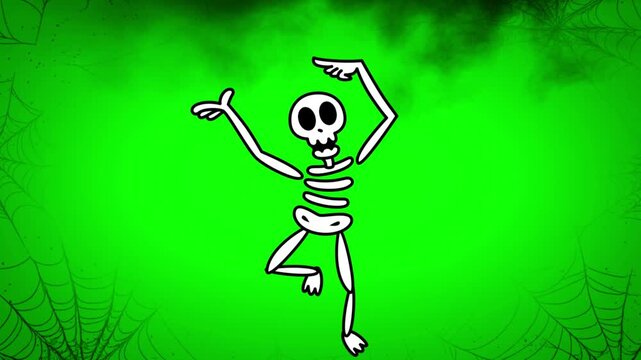 Spooky halloween night with three dancing skeletons and flying bats against a vibrant green gradient background with eerie spiderwebs and dark smoky clouds animated cartoon style perfect for holiday