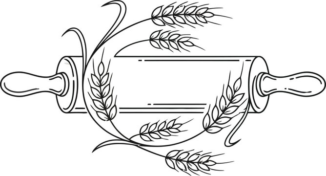 Kitchen rolling pin with wheat stalks hand drawn illustration, bakeware
