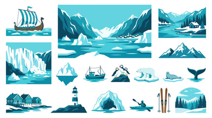 Fototapeta premium Flat Design Arctic Nordic Travel Vector Illustration Set: Landscapes, Wildlife, Adventure, and Cultural Icons