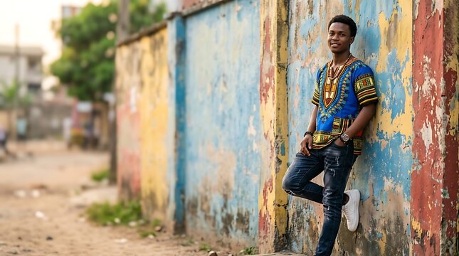 Young man in colorful dashiki shirt leaning against urban wall