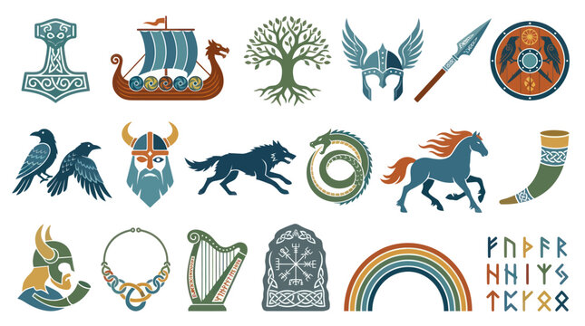 Viking Norse Mythology Symbols: Thor's Hammer, Ship, Wolf, Horse, Raven, Runes Vector Art
