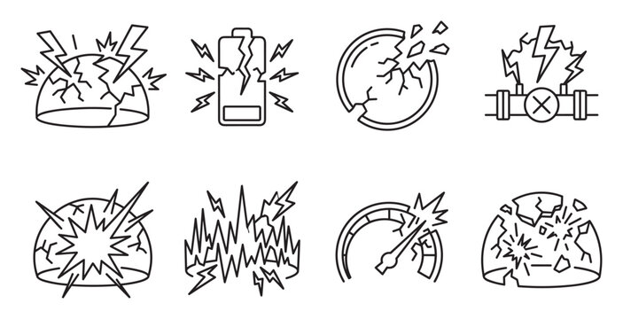Energy explosion icons set power surge overload system failure.