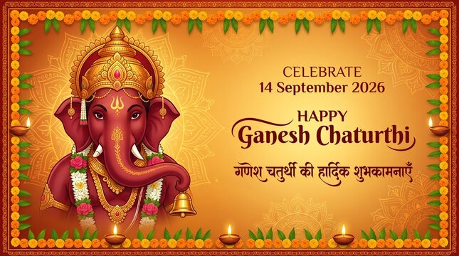 Happy Ganesh Chaturthi 2026 Greeting Card Vector Banner with Lord Ganesha Illustration, Marigold Flower Garland Frame, Diya Oil Lamps, Mandala Art, and Hindi Typography Wishes