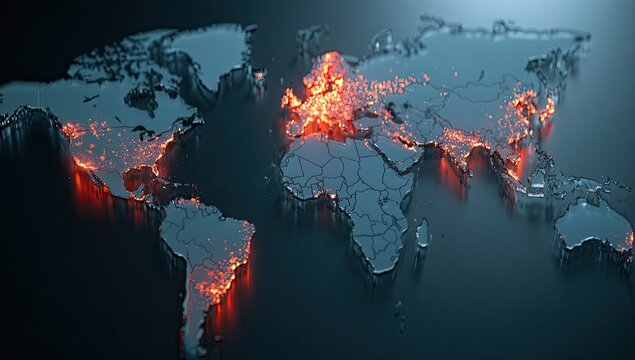 Illuminated world map highlighting populated areas with glowing cities and continents