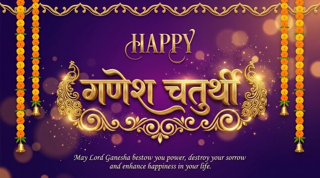 Happy Ganesh Chaturthi Vector Greeting Banner with Golden Hindi Calligraphy Script, Peacock Ornaments, and Marigold Flower Garlands on Purple Background