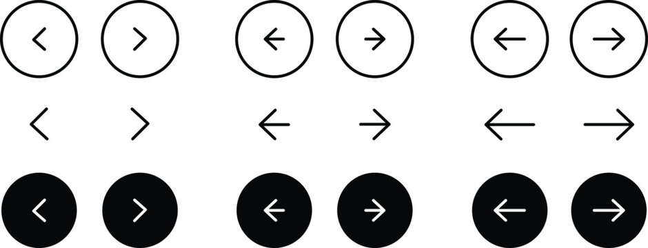 Arrow buttons icon set. Website slider navigation symbols. Next and previous rounded buttons for app. Web interface arrow buttons isolated illustration.
