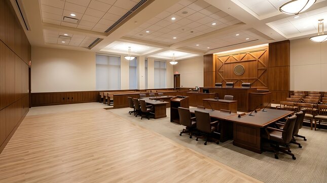 Modern empty courtroom interior with professional wooden furniture