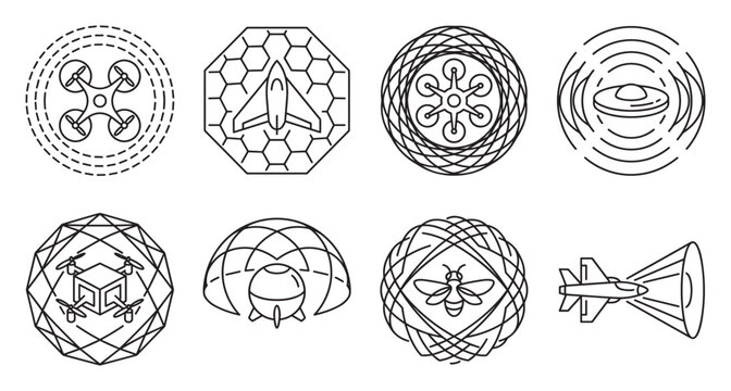 Quadrocopter drone in dashed circle, rocket in hexagon, drone in circle, ufos.