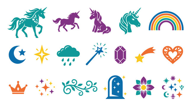 Flat Design Vector Unicorns and Magic Fantasy Icons Set for Dreams and Imagination