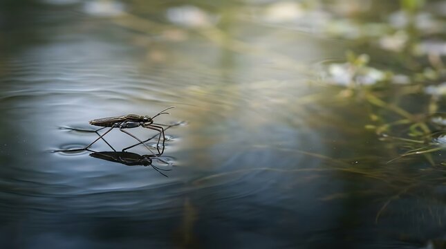 Water strider gliding on a calm pond surface with reflection