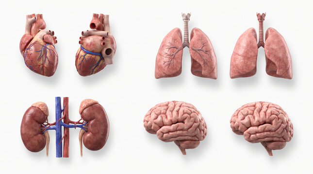 Realistic 3D models of human heart lungs kidneys and brain on a clean white background