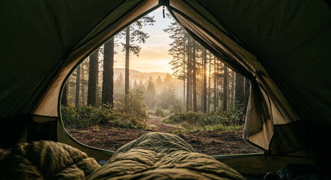 First person view from inside camping tent looking out to misty pine forest at sunrise