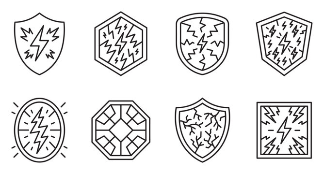 Shield and geometric icons with lightning bolts symbolizing protection and power.