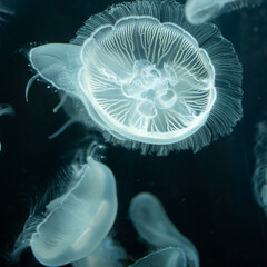 Glowing translucent jellyfish swimming in a dark blue aquarium © Kimsk6436